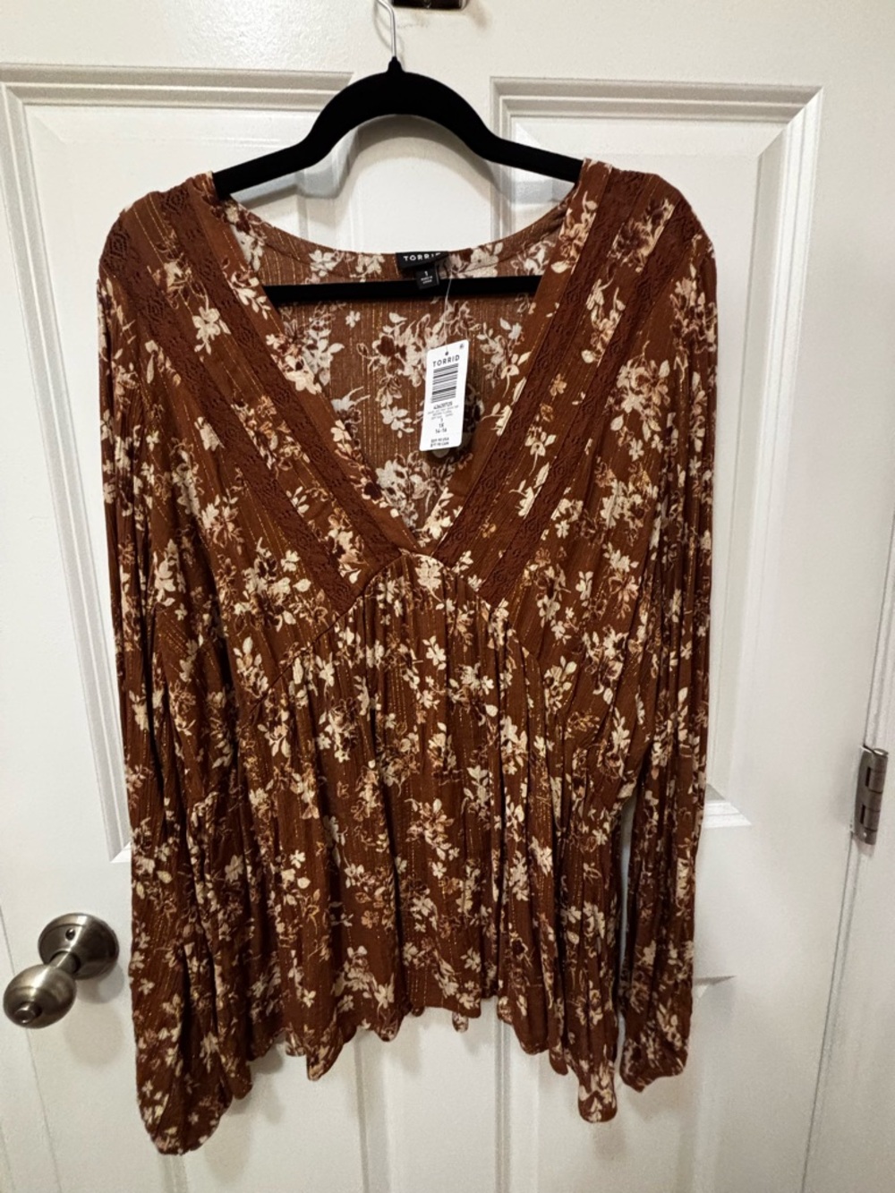 torrid Brown Floral Long Sleeve V-Neck Peasant Blouse